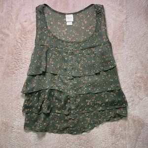 Mossimo Supply Co. Olive Floral Ruffle Blouse